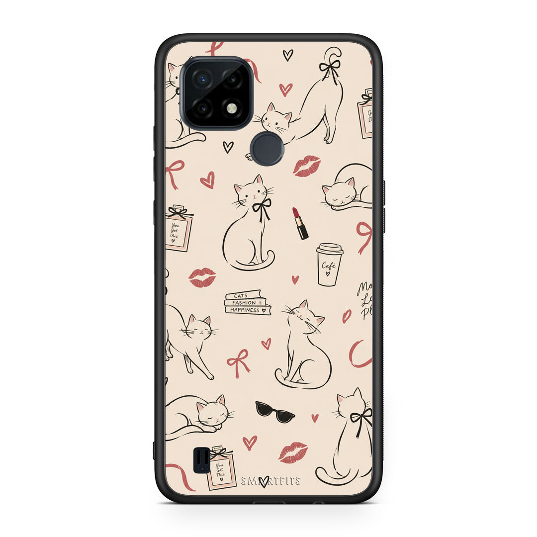 Θήκη Realme C21 Minimal Cat and Fashion Doodles on Cream από τη Smartfits με σχέδιο στο πίσω μέρος και μαύρο περίβλημα | Realme C21 Minimal Cat and Fashion Doodles on Cream case with colorful back and black bezels