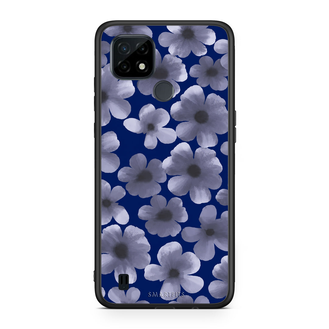 Θήκη Realme C21 Pale Blue Flowers on Navy από τη Smartfits με σχέδιο στο πίσω μέρος και μαύρο περίβλημα | Realme C21 Pale Blue Flowers on Navy case with colorful back and black bezels