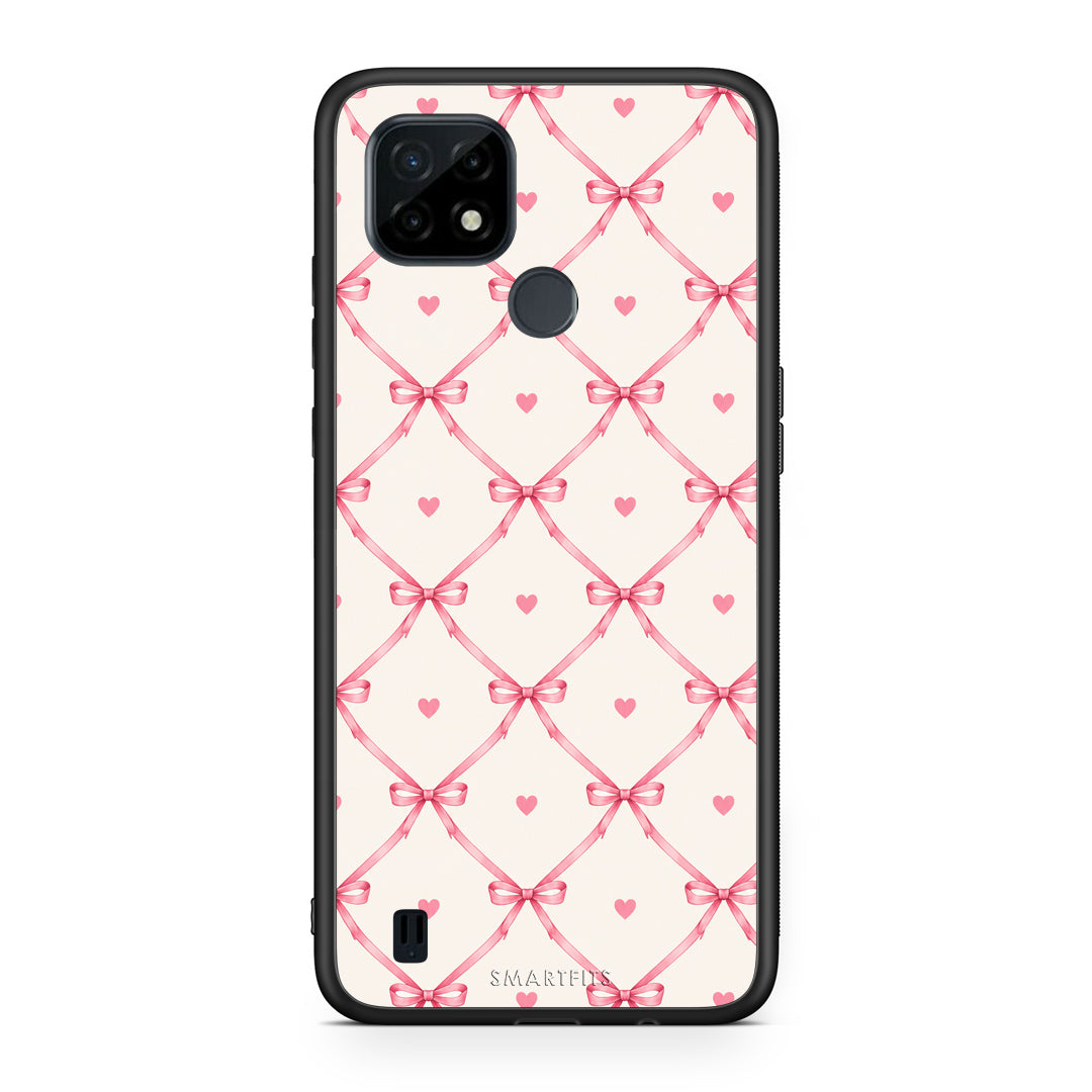 Θήκη Realme C21 Pink Bow Lattice and Hearts on Cream από τη Smartfits με σχέδιο στο πίσω μέρος και μαύρο περίβλημα | Realme C21 Pink Bow Lattice and Hearts on Cream case with colorful back and black bezels