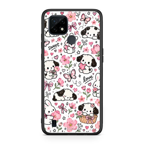 Θήκη Realme C21 Pink Florals Puppies and Bunnies on White από τη Smartfits με σχέδιο στο πίσω μέρος και μαύρο περίβλημα | Realme C21 Pink Florals Puppies and Bunnies on White case with colorful back and black bezels