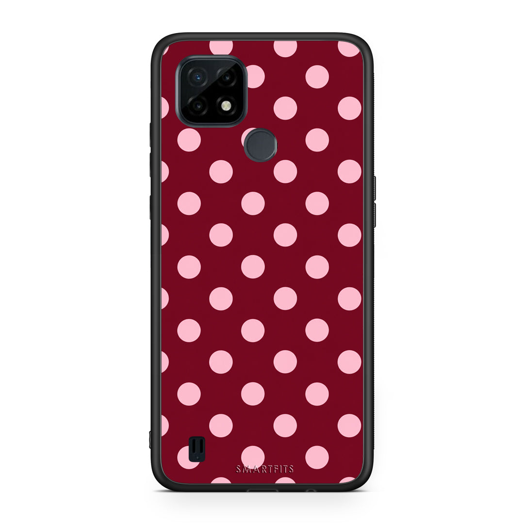 Θήκη Realme C21 Pink Polka Dots on Burgundy από τη Smartfits με σχέδιο στο πίσω μέρος και μαύρο περίβλημα | Realme C21 Pink Polka Dots on Burgundy case with colorful back and black bezels