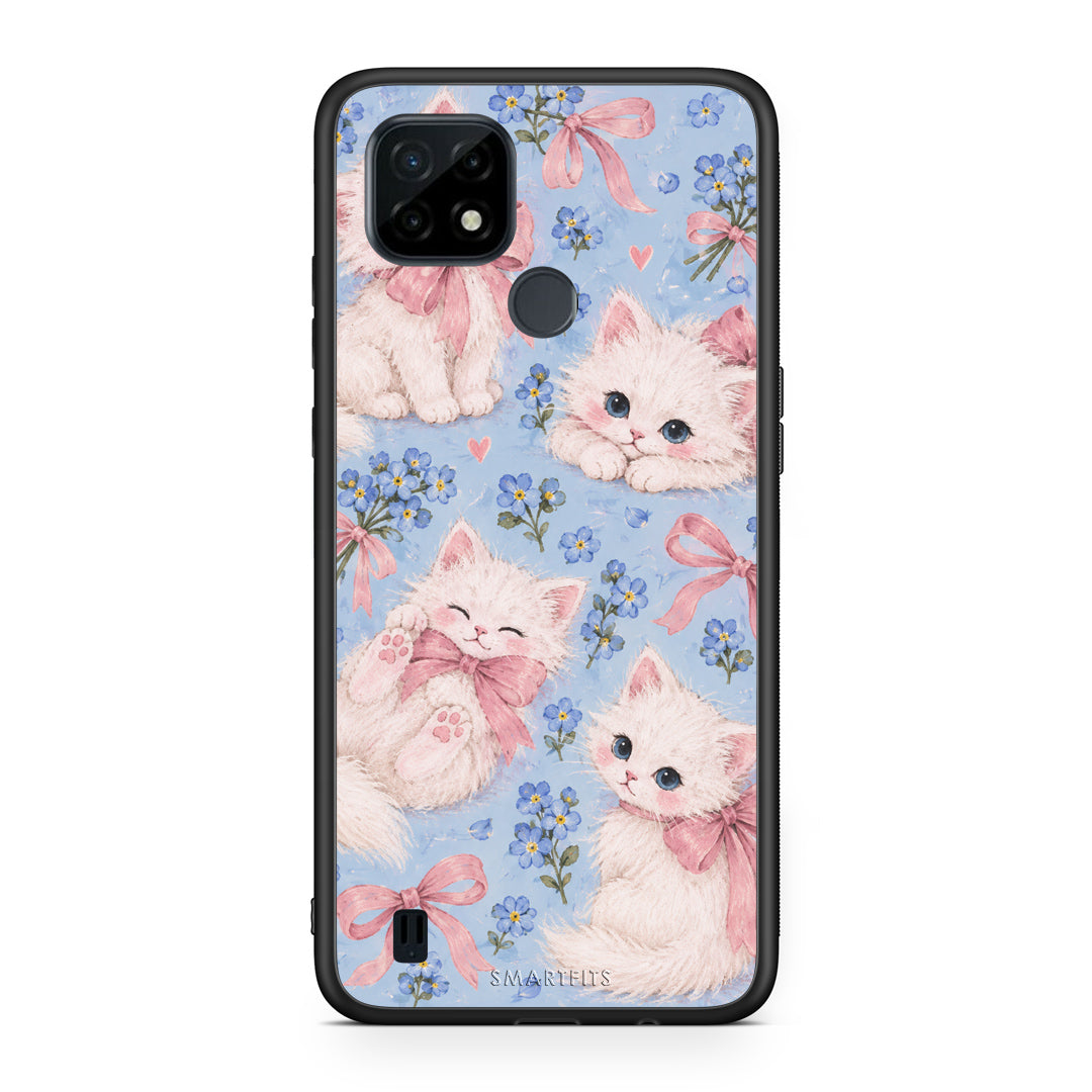 Θήκη Realme C21 White Kittens and Blue Flowers Large από τη Smartfits με σχέδιο στο πίσω μέρος και μαύρο περίβλημα | Realme C21 White Kittens and Blue Flowers Large case with colorful back and black bezels
