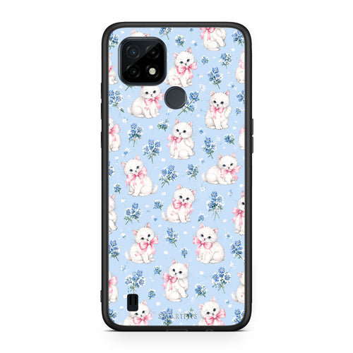 Θήκη Realme C21 White Kittens and Blue Flowers Small από τη Smartfits με σχέδιο στο πίσω μέρος και μαύρο περίβλημα | Realme C21 White Kittens and Blue Flowers Small case with colorful back and black bezels