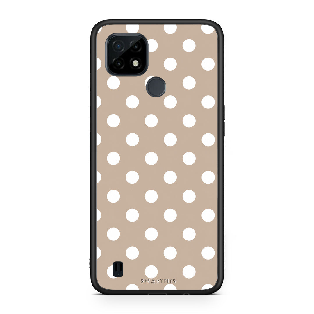 Θήκη Realme C21 White Polka Dots on Taupe από τη Smartfits με σχέδιο στο πίσω μέρος και μαύρο περίβλημα | Realme C21 White Polka Dots on Taupe case with colorful back and black bezels