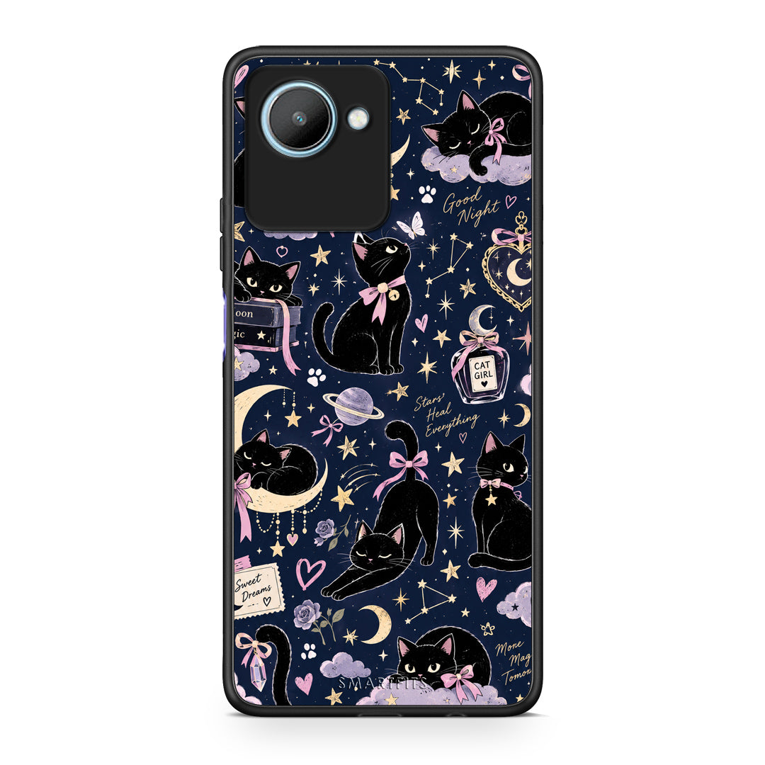 Θήκη Realme C30 Celestial Black Cats on Navy από τη Smartfits με σχέδιο στο πίσω μέρος και μαύρο περίβλημα | Realme C30 Celestial Black Cats on Navy case with colorful back and black bezels