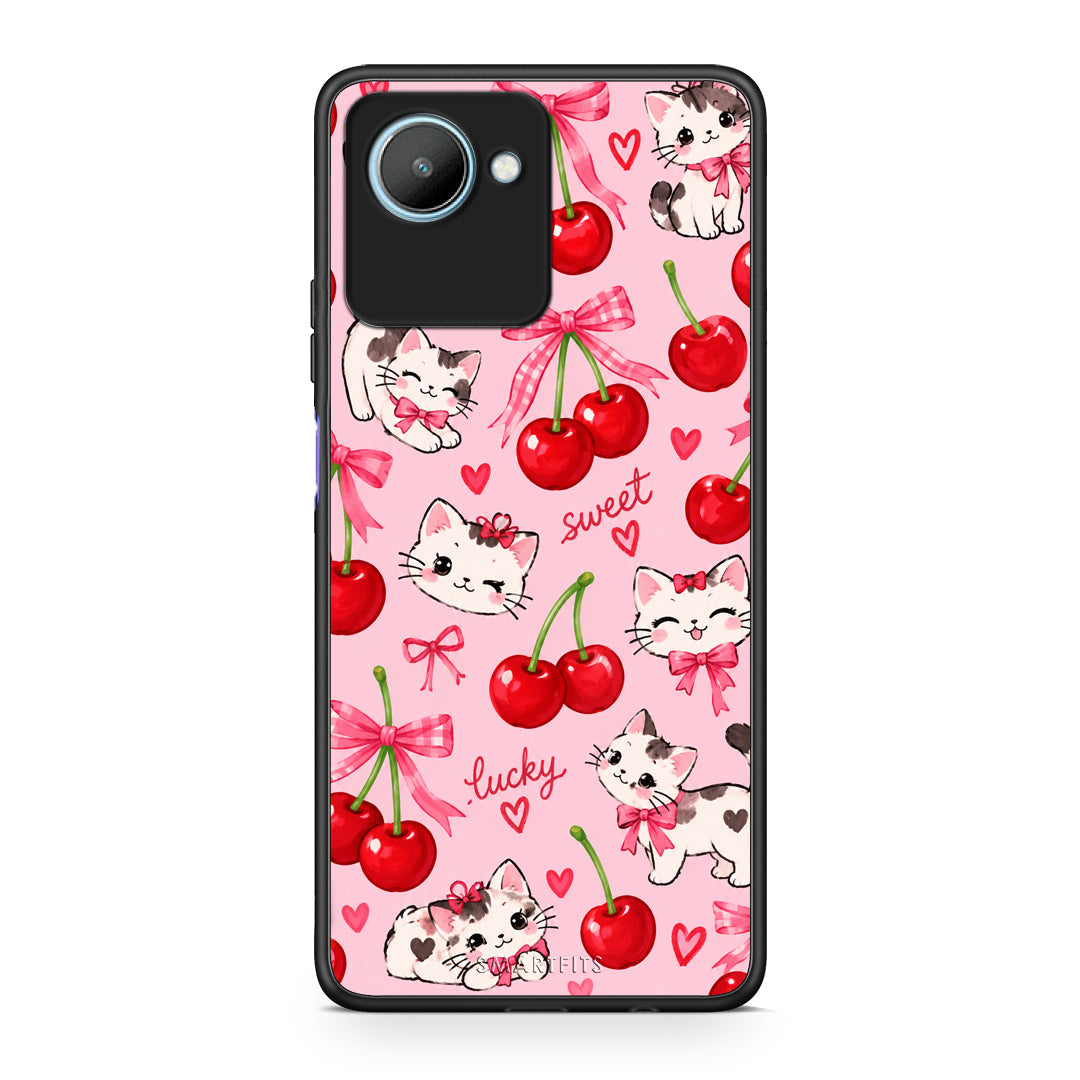 Θήκη Realme C30 Cherries Bows and Kittens on Pink από τη Smartfits με σχέδιο στο πίσω μέρος και μαύρο περίβλημα | Realme C30 Cherries Bows and Kittens on Pink case with colorful back and black bezels