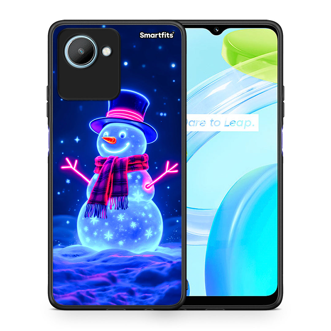 Θήκη Realme C30 Christmas Neon Snowman από τη Smartfits με σχέδιο στο πίσω μέρος και μαύρο περίβλημα | Realme C30 Christmas Neon Snowman Case with Colorful Back and Black Bezels