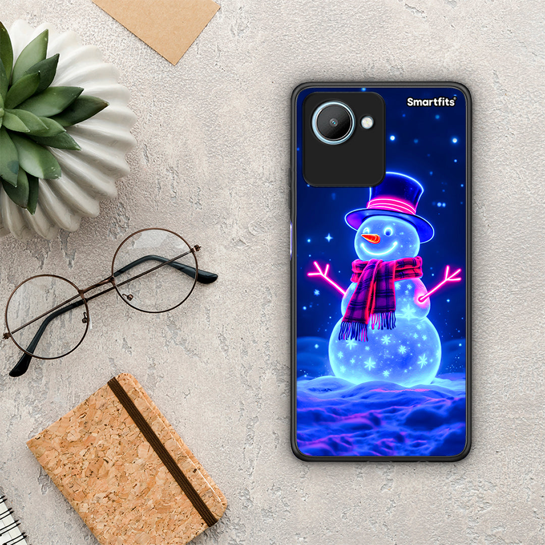 Θήκη Realme C30 Christmas Neon Snowman από τη Smartfits με σχέδιο στο πίσω μέρος και μαύρο περίβλημα | Realme C30 Christmas Neon Snowman Case with Colorful Back and Black Bezels