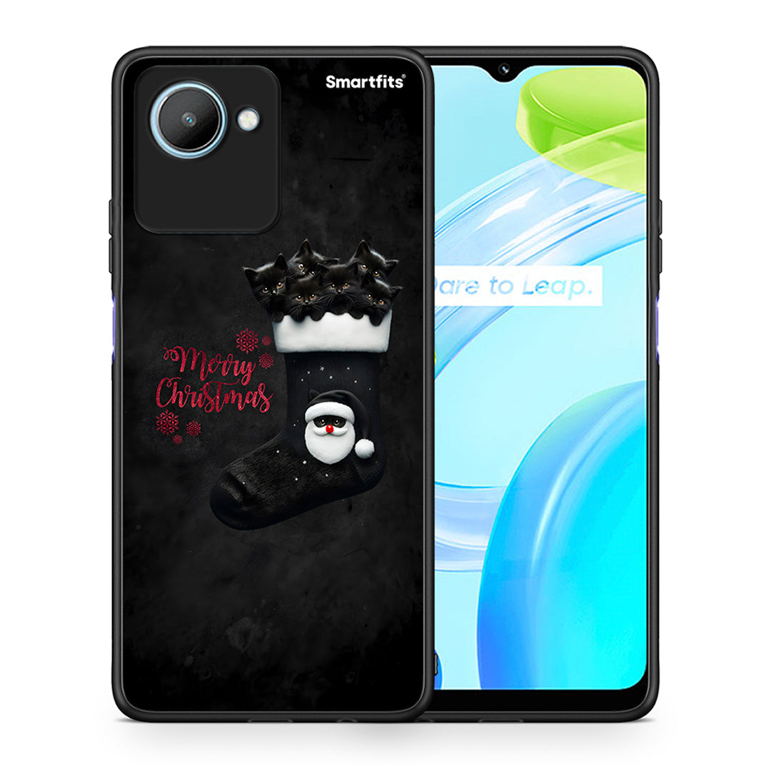 Θήκη Realme C30 Merry Cat Christmas από τη Smartfits με σχέδιο στο πίσω μέρος και μαύρο περίβλημα | Realme C30 Merry Cat Christmas Case with Colorful Back and Black Bezels