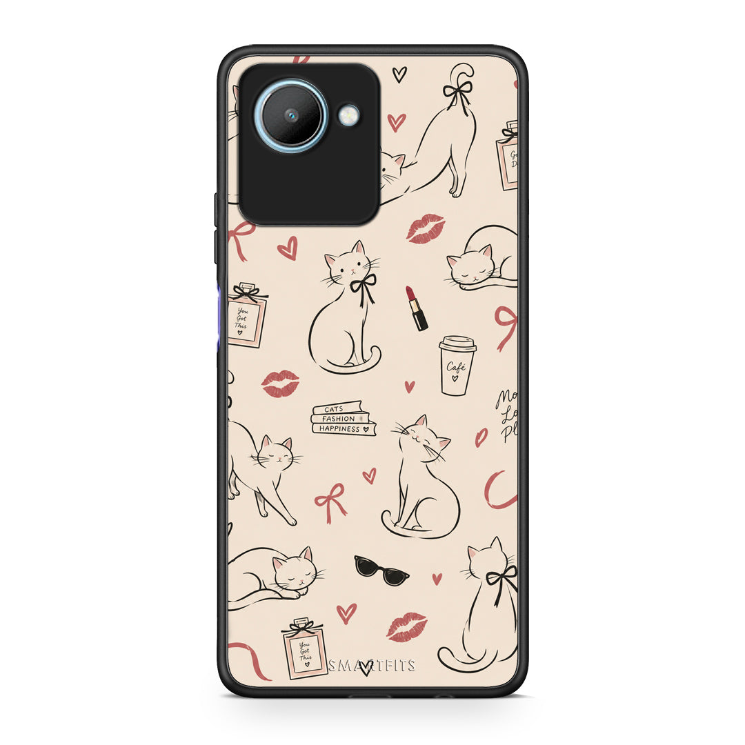 Θήκη Realme C30 Minimal Cat and Fashion Doodles on Cream από τη Smartfits με σχέδιο στο πίσω μέρος και μαύρο περίβλημα | Realme C30 Minimal Cat and Fashion Doodles on Cream case with colorful back and black bezels