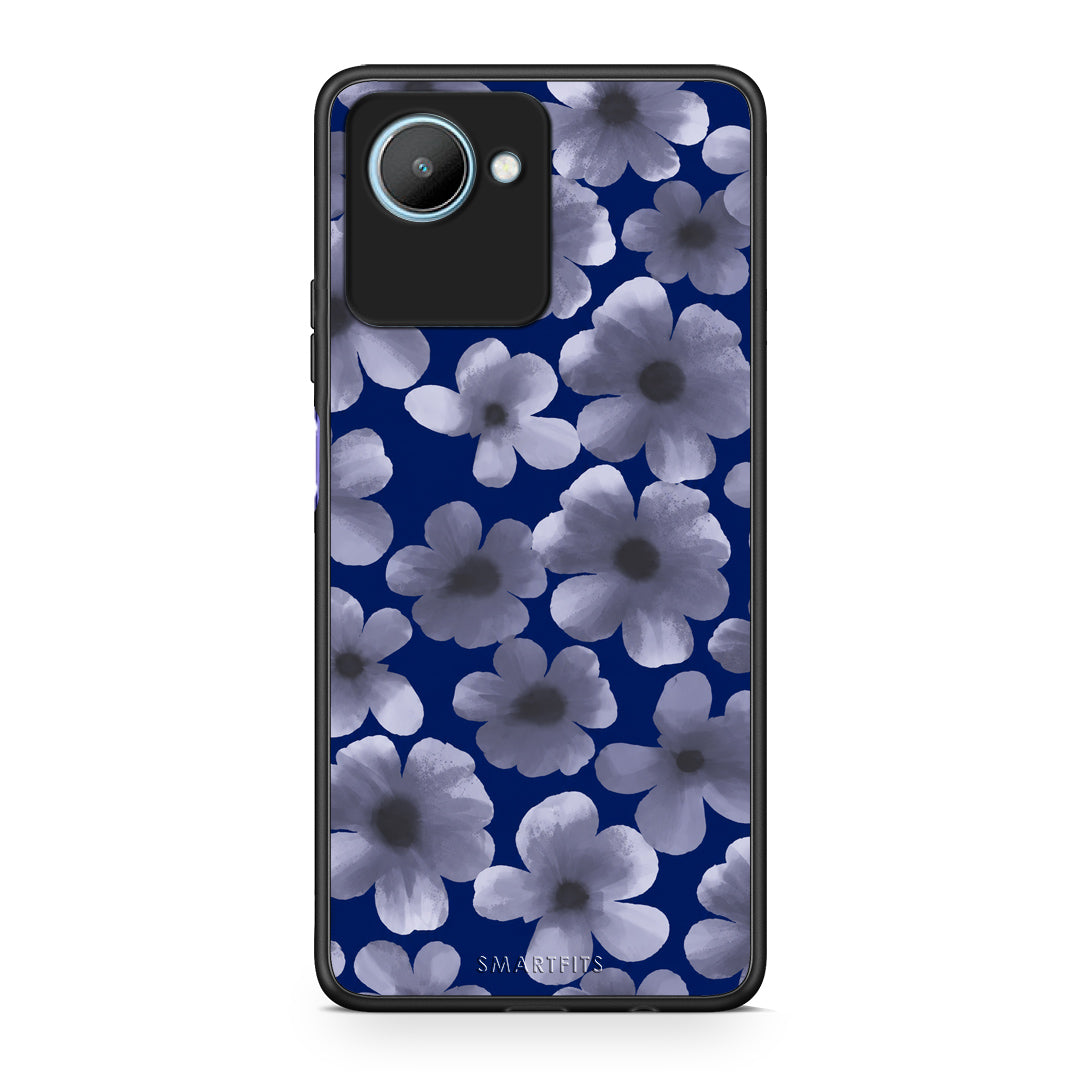 Θήκη Realme C30 Pale Blue Flowers on Navy από τη Smartfits με σχέδιο στο πίσω μέρος και μαύρο περίβλημα | Realme C30 Pale Blue Flowers on Navy case with colorful back and black bezels