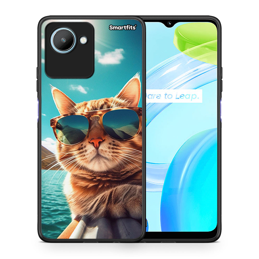 Θήκη Realme C30 Summer Cat από τη Smartfits με σχέδιο στο πίσω μέρος και μαύρο περίβλημα | Realme C30 Summer Cat Case with Colorful Back and Black Bezels