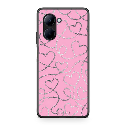 Θήκη Realme C33 Barbed Wire Hearts on Pink από τη Smartfits με σχέδιο στο πίσω μέρος και μαύρο περίβλημα | Realme C33 Barbed Wire Hearts on Pink case with colorful back and black bezels