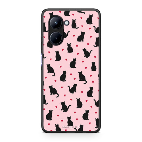 Θήκη Realme C33 Black Cat Silhouettes and Hearts on Pink από τη Smartfits με σχέδιο στο πίσω μέρος και μαύρο περίβλημα | Realme C33 Black Cat Silhouettes and Hearts on Pink case with colorful back and black bezels