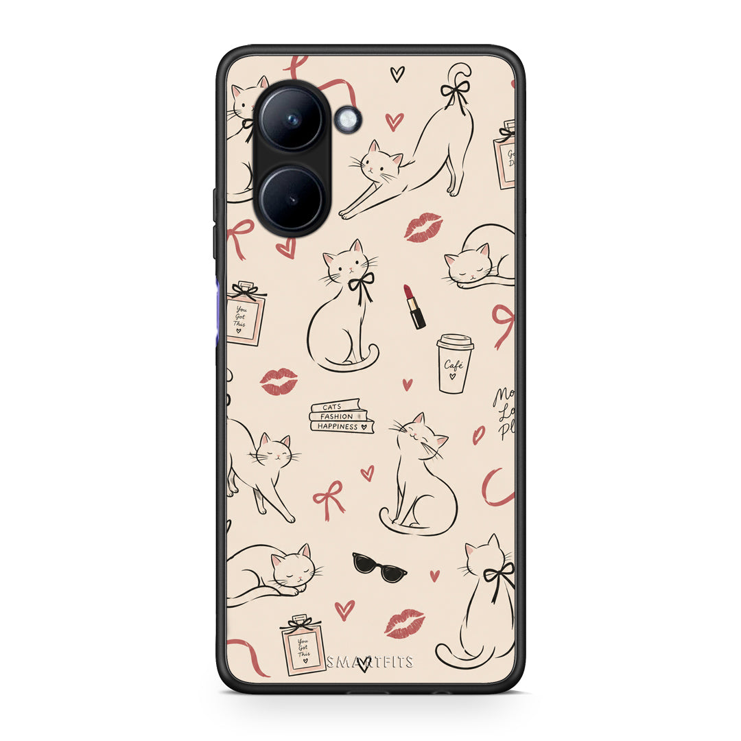 Θήκη Realme C33 Minimal Cat and Fashion Doodles on Cream από τη Smartfits με σχέδιο στο πίσω μέρος και μαύρο περίβλημα | Realme C33 Minimal Cat and Fashion Doodles on Cream case with colorful back and black bezels