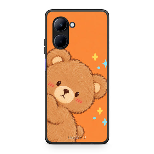 Θήκη Realme C33 Peekaboo Teddy on Orange από τη Smartfits με σχέδιο στο πίσω μέρος και μαύρο περίβλημα | Realme C33 Peekaboo Teddy on Orange case with colorful back and black bezels