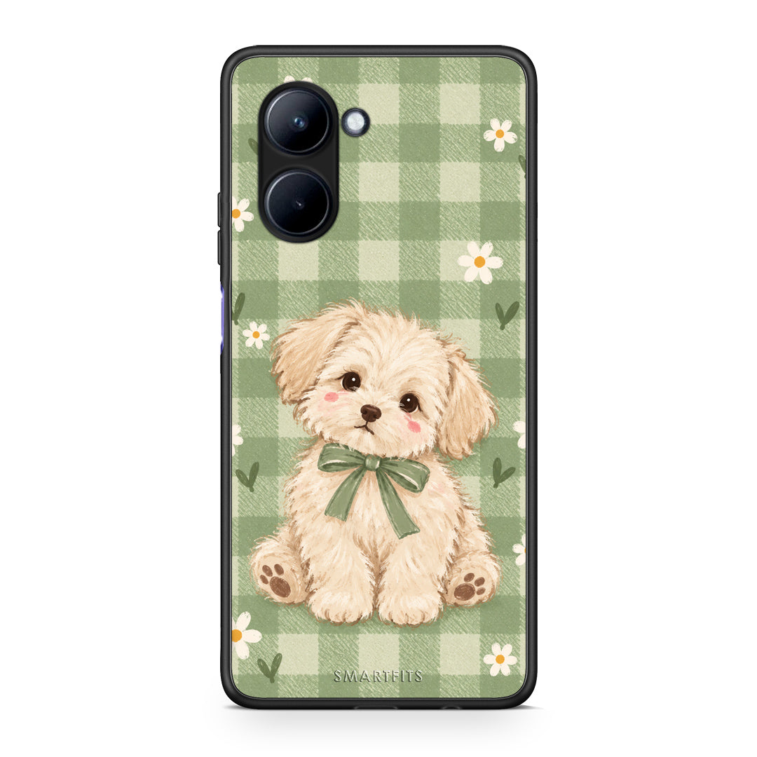 Θήκη Realme C33 Puppy and Daisies on Sage Gingham από τη Smartfits με σχέδιο στο πίσω μέρος και μαύρο περίβλημα | Realme C33 Puppy and Daisies on Sage Gingham case with colorful back and black bezels