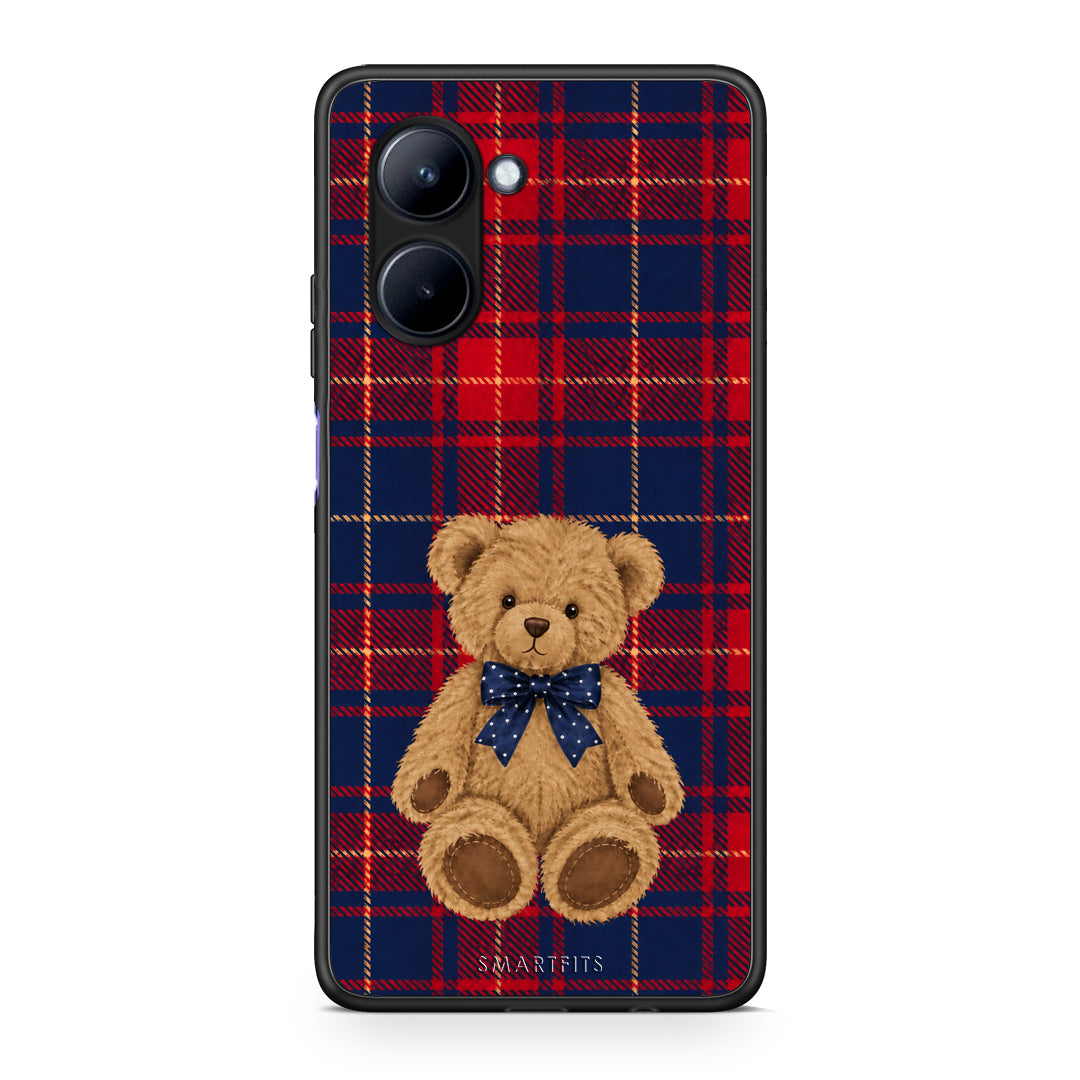 Θήκη Realme C33 Teddy Bear on Red and Navy Tartan από τη Smartfits με σχέδιο στο πίσω μέρος και μαύρο περίβλημα | Realme C33 Teddy Bear on Red and Navy Tartan case with colorful back and black bezels