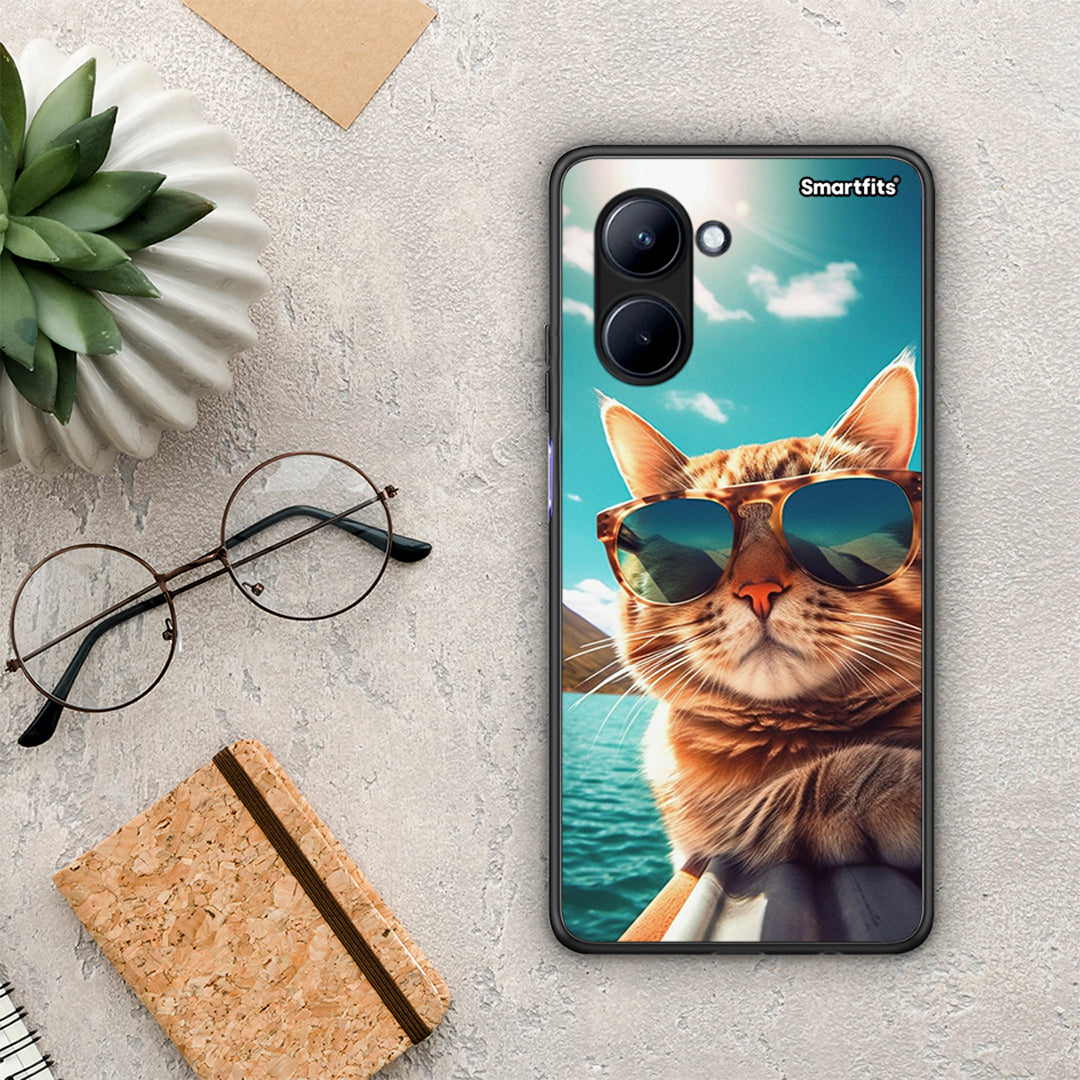 Θήκη Realme C33 Summer Cat από τη Smartfits με σχέδιο στο πίσω μέρος και μαύρο περίβλημα | Realme C33 Summer Cat Case with Colorful Back and Black Bezels