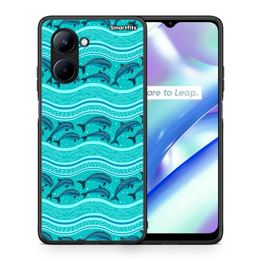 Θήκη Realme C33 Swimming Dolphins από τη Smartfits με σχέδιο στο πίσω μέρος και μαύρο περίβλημα | Realme C33 Swimming Dolphins Case with Colorful Back and Black Bezels