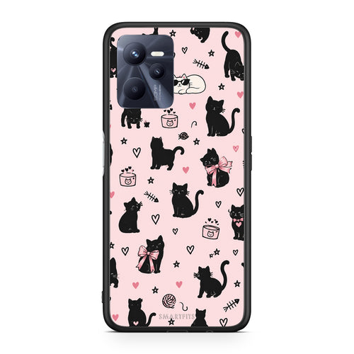 Θήκη Realme C35 / Narzo 50A Prime Black Cat Doodles on Pink από τη Smartfits με σχέδιο στο πίσω μέρος και μαύρο περίβλημα | Realme C35 / Narzo 50A Prime Black Cat Doodles on Pink case with colorful back and black bezels