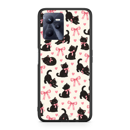 Θήκη Realme C35 / Narzo 50A Prime Black Kittens and Pink Bows on Cream Small από τη Smartfits με σχέδιο στο πίσω μέρος και μαύρο περίβλημα | Realme C35 / Narzo 50A Prime Black Kittens and Pink Bows on Cream Small case with colorful back and black bezels