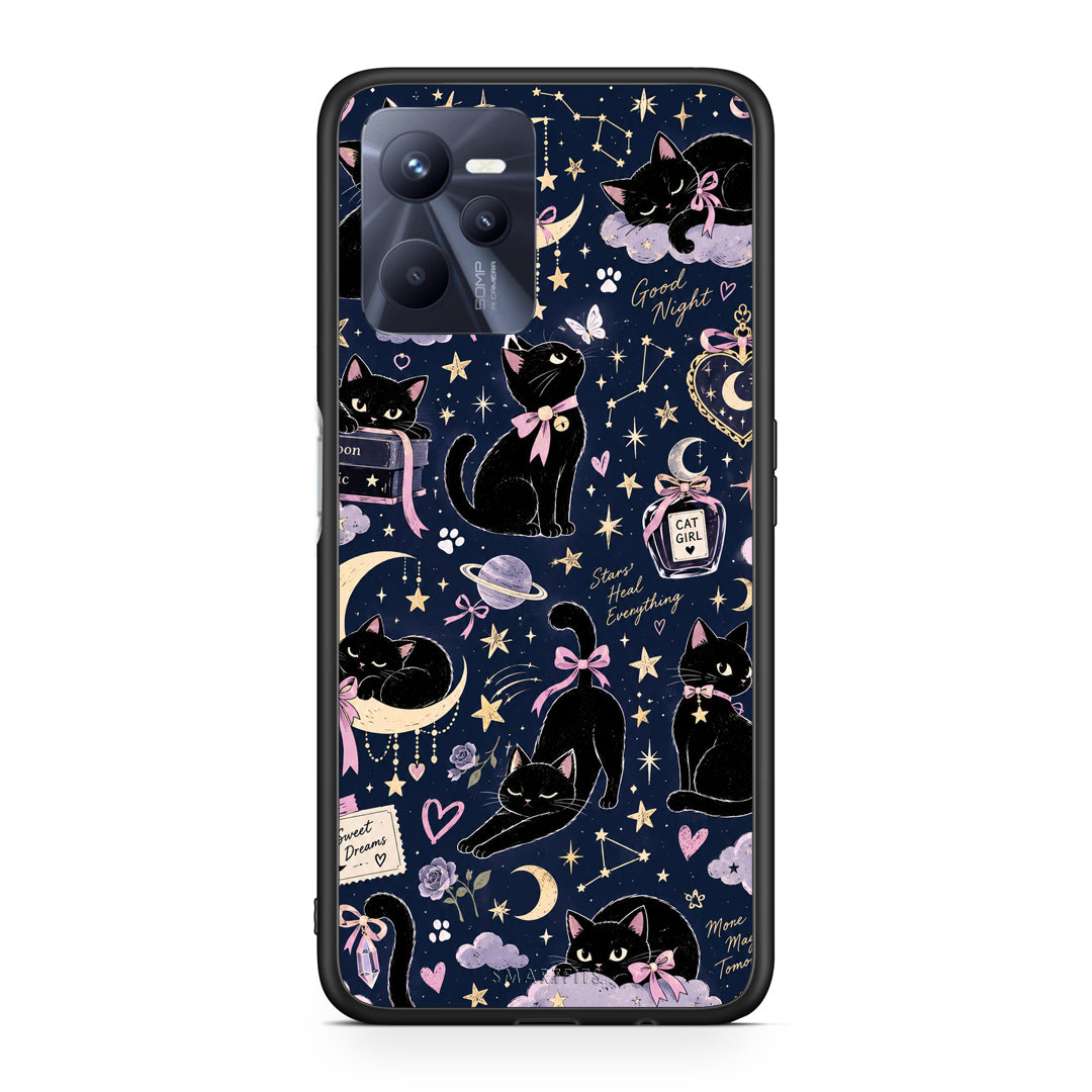 Θήκη Realme C35 / Narzo 50A Prime Celestial Black Cats on Navy από τη Smartfits με σχέδιο στο πίσω μέρος και μαύρο περίβλημα | Realme C35 / Narzo 50A Prime Celestial Black Cats on Navy case with colorful back and black bezels