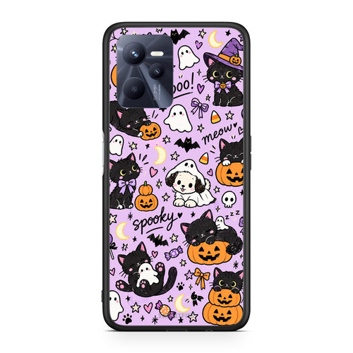 Θήκη Realme C35 / Narzo 50A Prime Halloween Black Cats on Lilac από τη Smartfits με σχέδιο στο πίσω μέρος και μαύρο περίβλημα | Realme C35 / Narzo 50A Prime Halloween Black Cats on Lilac case with colorful back and black bezels