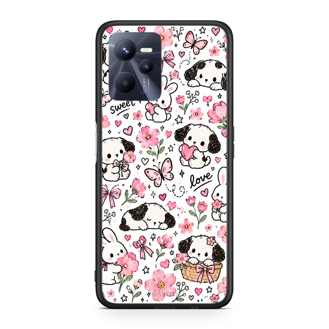 Θήκη Realme C35 / Narzo 50A Prime Pink Florals Puppies and Bunnies on White από τη Smartfits με σχέδιο στο πίσω μέρος και μαύρο περίβλημα | Realme C35 / Narzo 50A Prime Pink Florals Puppies and Bunnies on White case with colorful back and black bezels