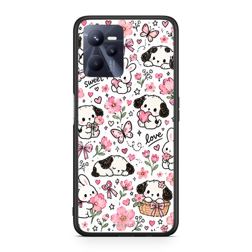 Θήκη Realme C35 / Narzo 50A Prime Pink Florals Puppies and Bunnies on White από τη Smartfits με σχέδιο στο πίσω μέρος και μαύρο περίβλημα | Realme C35 / Narzo 50A Prime Pink Florals Puppies and Bunnies on White case with colorful back and black bezels