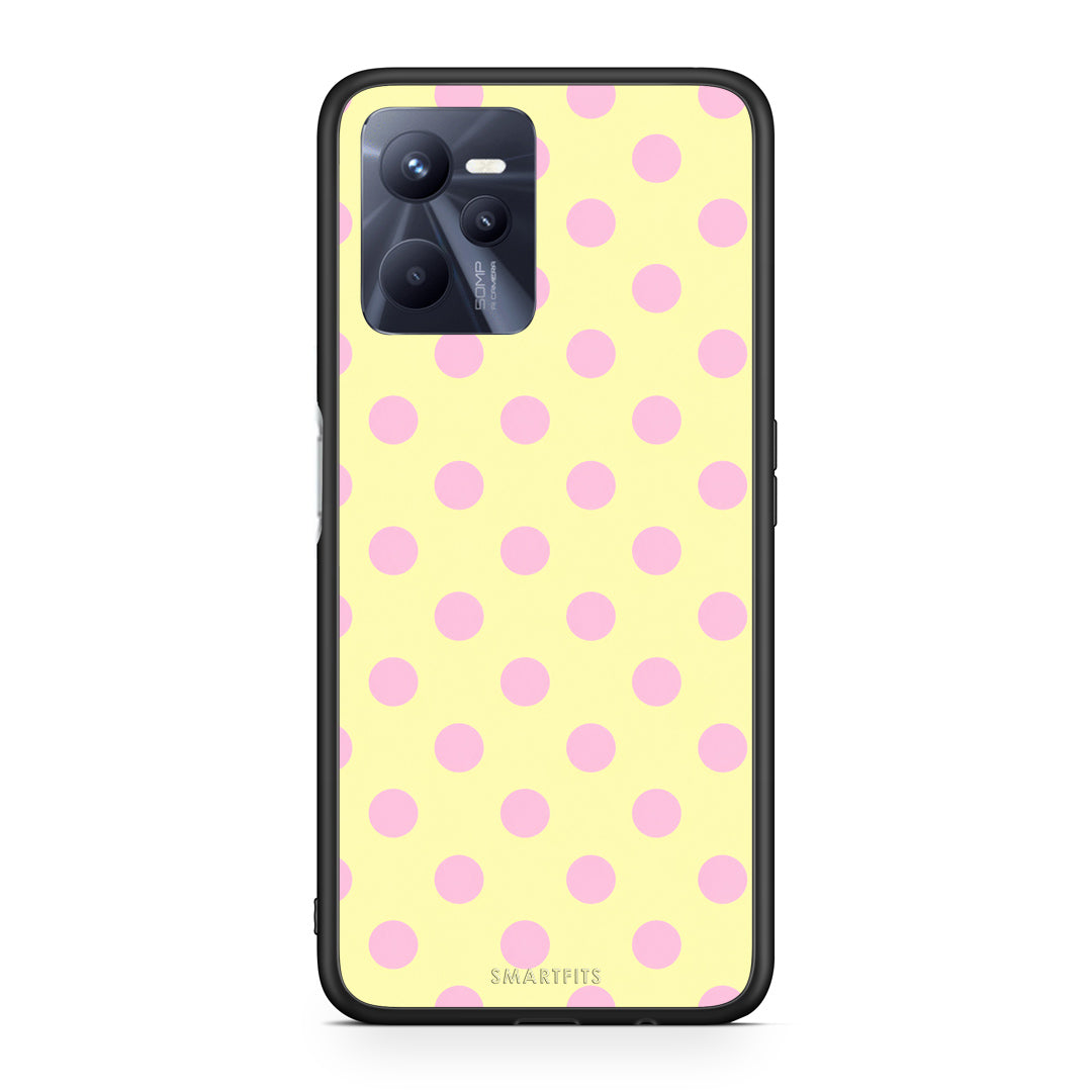 Θήκη Realme C35 / Narzo 50A Prime Pink Polka Dots on Yellow από τη Smartfits με σχέδιο στο πίσω μέρος και μαύρο περίβλημα | Realme C35 / Narzo 50A Prime Pink Polka Dots on Yellow case with colorful back and black bezels