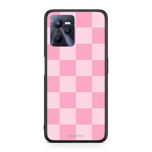 Θήκη Realme C35 / Narzo 50A Prime Pink and White Striped Checks από τη Smartfits με σχέδιο στο πίσω μέρος και μαύρο περίβλημα | Realme C35 / Narzo 50A Prime Pink and White Striped Checks case with colorful back and black bezels