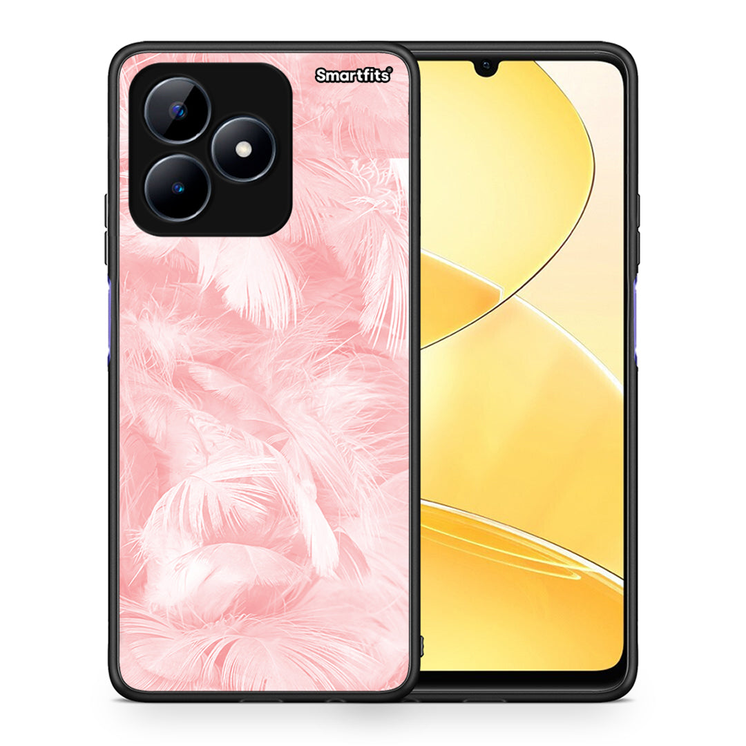 Θήκη Realme C51 Pink Feather Boho από τη Smartfits με σχέδιο στο πίσω μέρος και μαύρο περίβλημα | Realme C51 Pink Feather Boho case with colorful back and black bezels