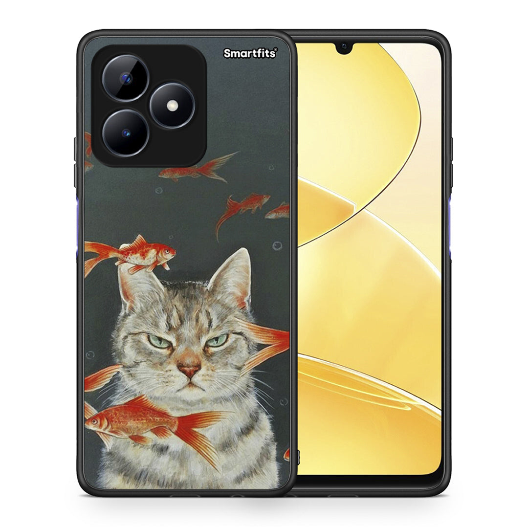 Θήκη Realme Note 50 Cat Goldfish από τη Smartfits με σχέδιο στο πίσω μέρος και μαύρο περίβλημα | Realme Note 50 Cat Goldfish case with colorful back and black bezels