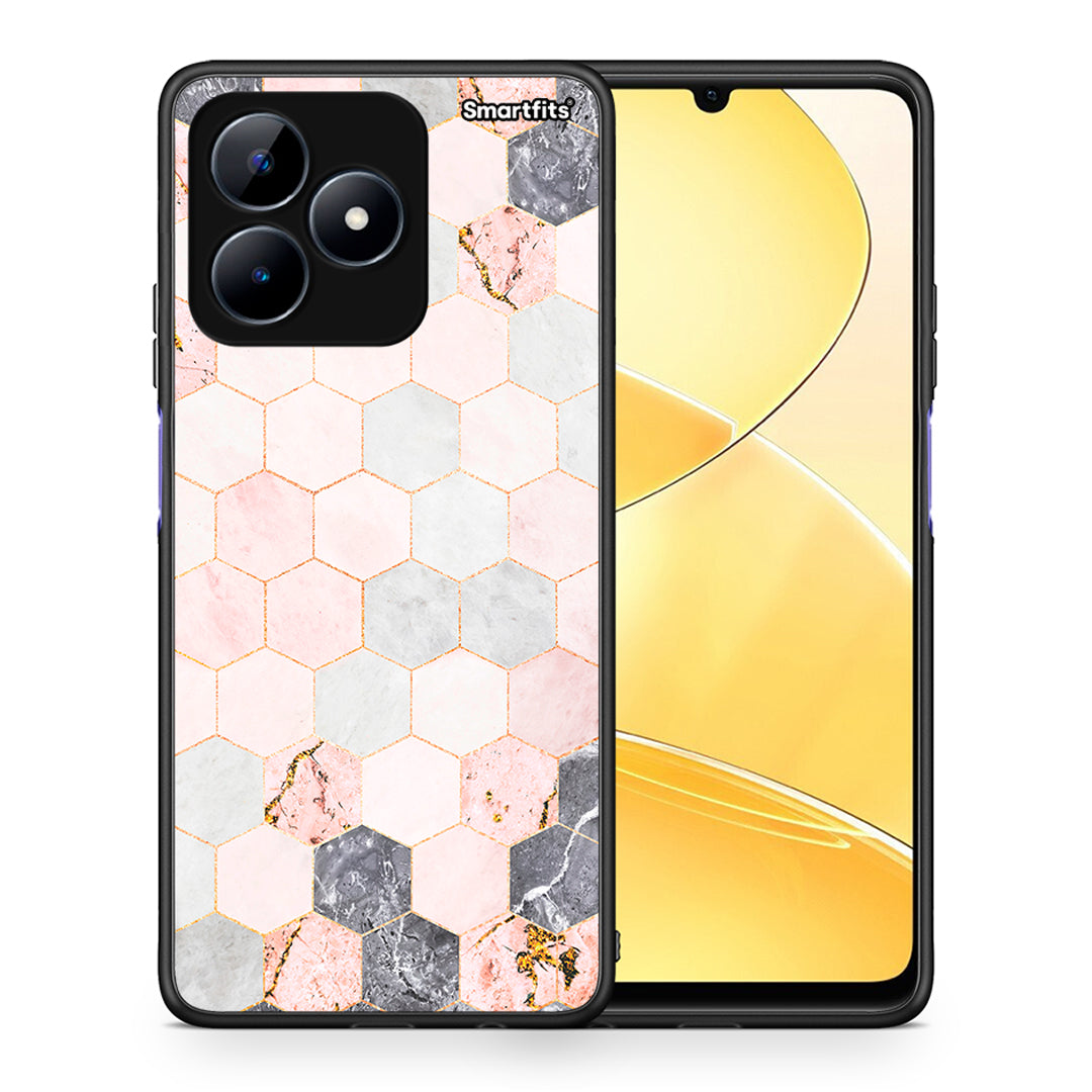 Θήκη Realme C51 Hexagon Pink Marble από τη Smartfits με σχέδιο στο πίσω μέρος και μαύρο περίβλημα | Realme C51 Hexagon Pink Marble case with colorful back and black bezels