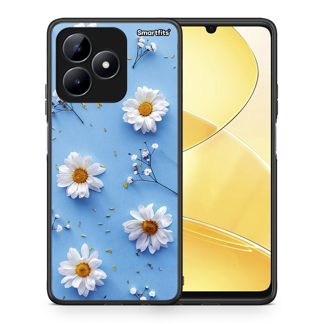 Θήκη Realme C51 Real Daisies από τη Smartfits με σχέδιο στο πίσω μέρος και μαύρο περίβλημα | Realme C51 Real Daisies case with colorful back and black bezels