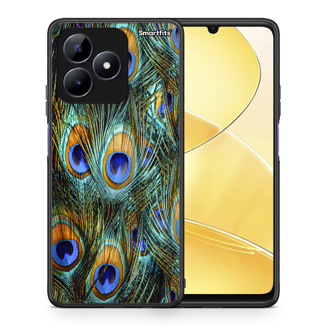 Θήκη Realme C51 Real Peacock Feathers από τη Smartfits με σχέδιο στο πίσω μέρος και μαύρο περίβλημα | Realme C51 Real Peacock Feathers case with colorful back and black bezels