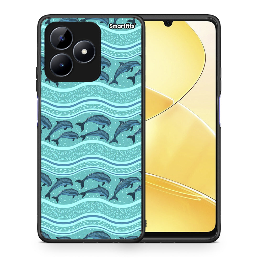 Θήκη Realme C51 Swimming Dolphins από τη Smartfits με σχέδιο στο πίσω μέρος και μαύρο περίβλημα | Realme C51 Swimming Dolphins case with colorful back and black bezels