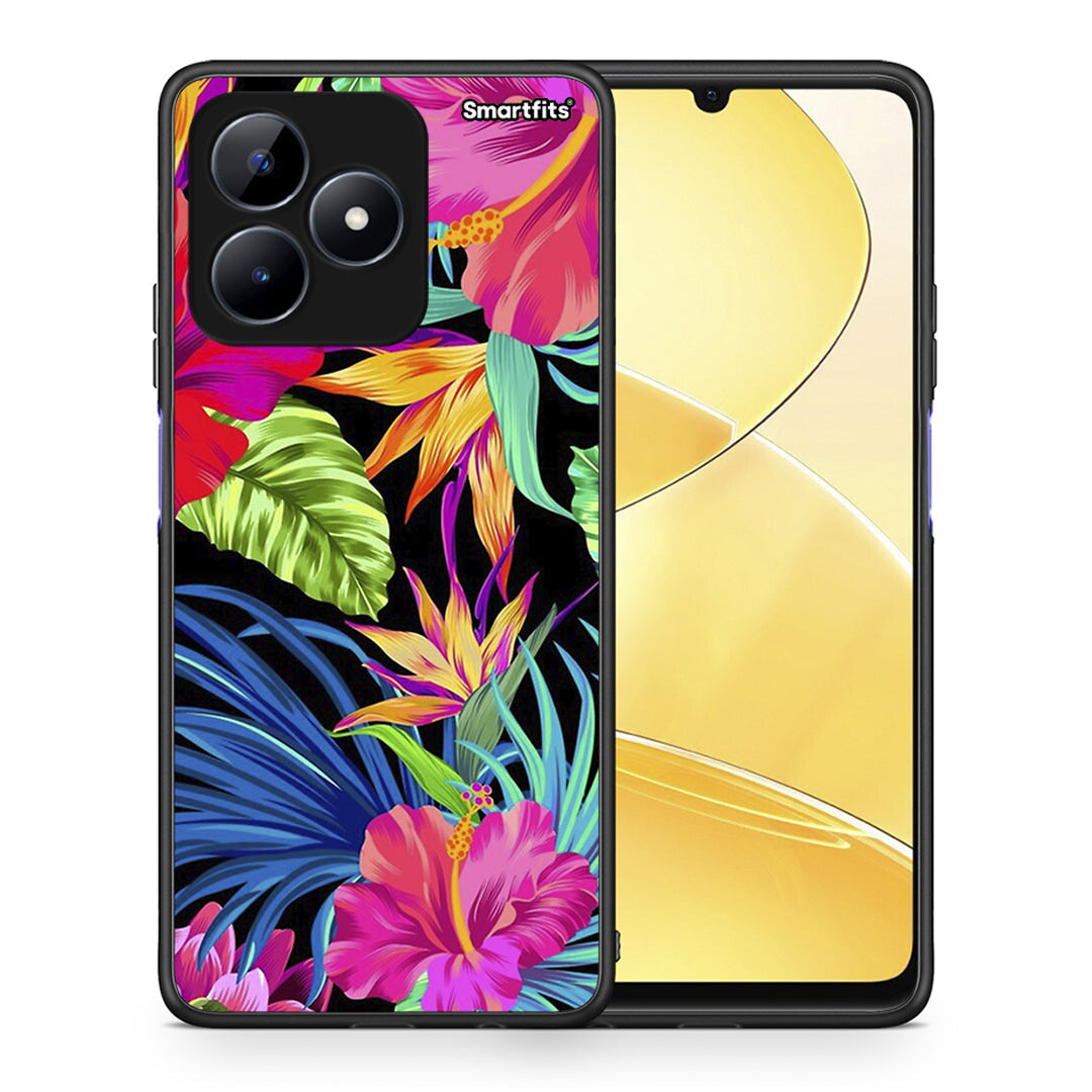 Θήκη Realme Note 50 Tropical Flowers από τη Smartfits με σχέδιο στο πίσω μέρος και μαύρο περίβλημα | Realme Note 50 Tropical Flowers case with colorful back and black bezels