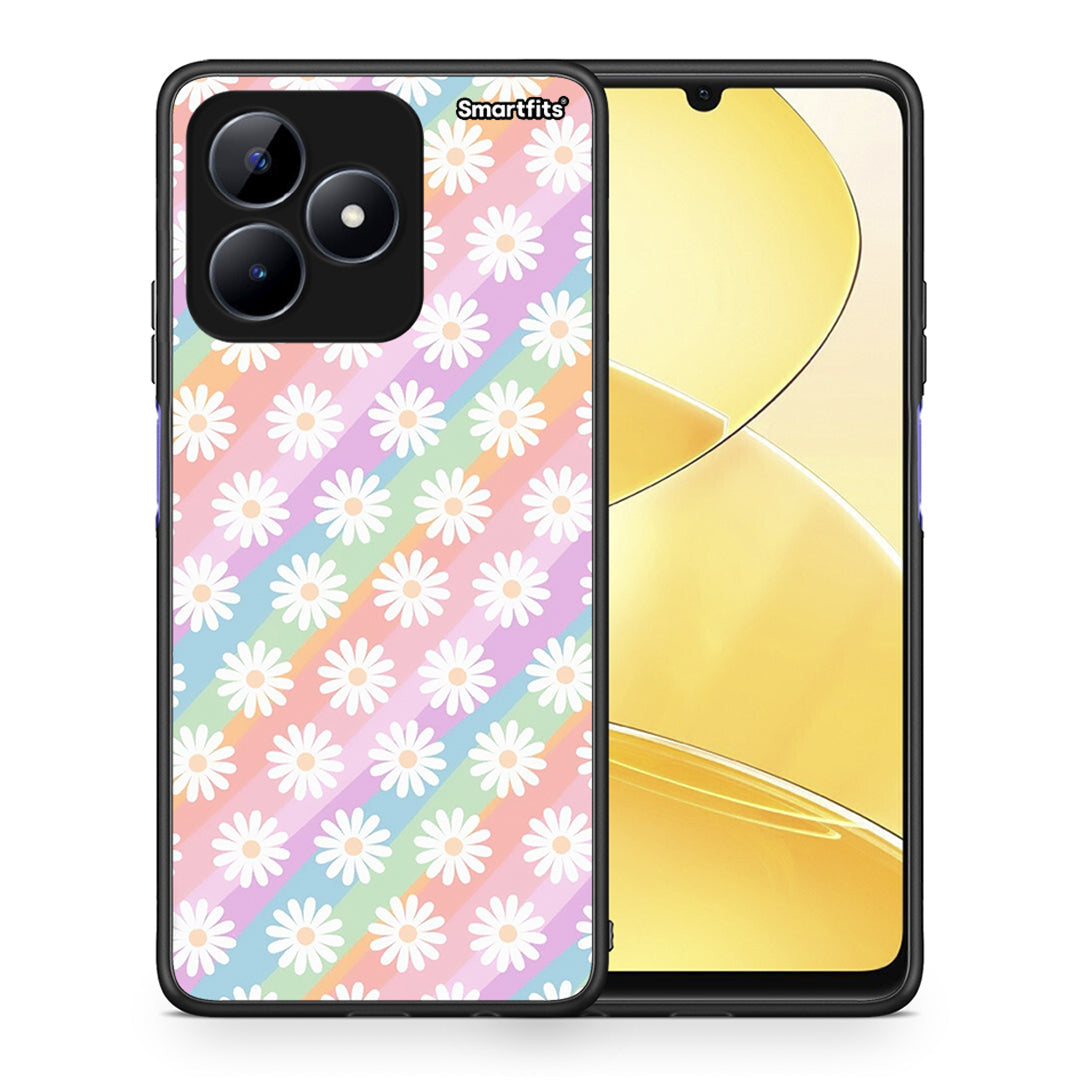 Θήκη Realme C51 White Daisies από τη Smartfits με σχέδιο στο πίσω μέρος και μαύρο περίβλημα | Realme C51 White Daisies case with colorful back and black bezels