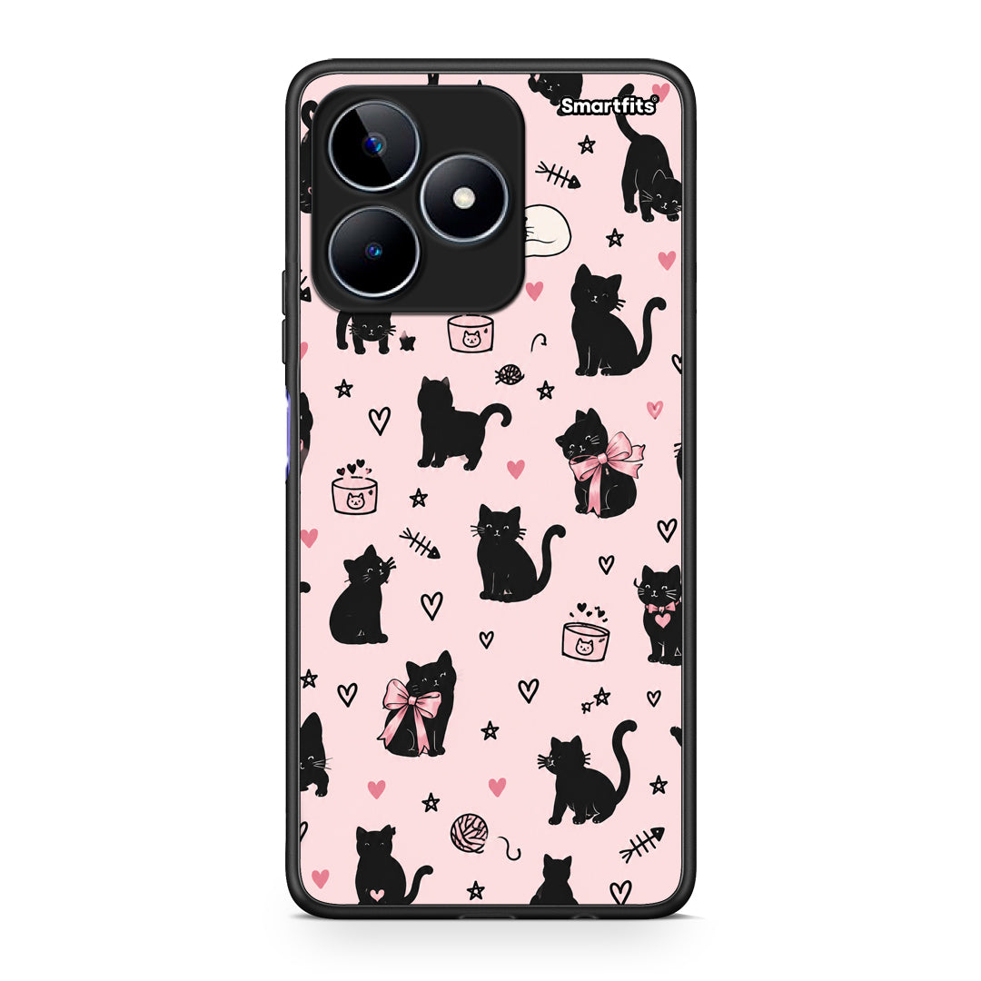 Θήκη Realme C53 Black Cat Doodles on Pink από τη Smartfits με σχέδιο στο πίσω μέρος και μαύρο περίβλημα | Realme C53 Black Cat Doodles on Pink case with colorful back and black bezels