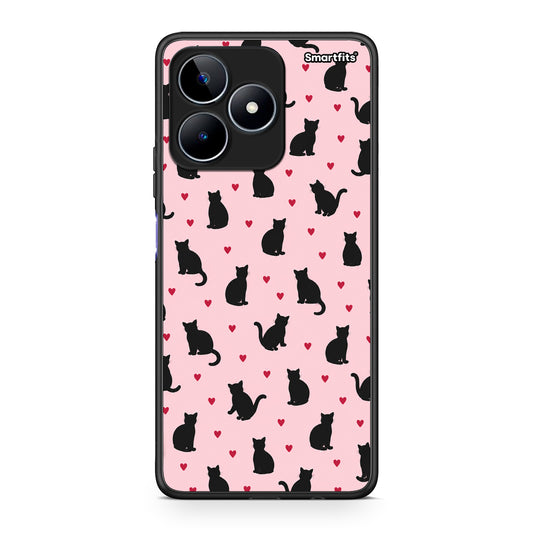 Θήκη Realme C53 Black Cat Silhouettes and Hearts on Pink από τη Smartfits με σχέδιο στο πίσω μέρος και μαύρο περίβλημα | Realme C53 Black Cat Silhouettes and Hearts on Pink case with colorful back and black bezels