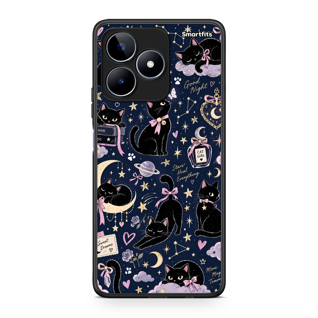 Θήκη Realme C53 Celestial Black Cats on Navy από τη Smartfits με σχέδιο στο πίσω μέρος και μαύρο περίβλημα | Realme C53 Celestial Black Cats on Navy case with colorful back and black bezels