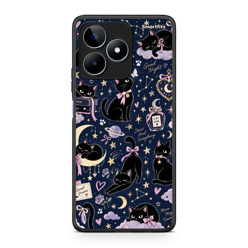 Θήκη Realme C53 Celestial Black Cats on Navy από τη Smartfits με σχέδιο στο πίσω μέρος και μαύρο περίβλημα | Realme C53 Celestial Black Cats on Navy case with colorful back and black bezels