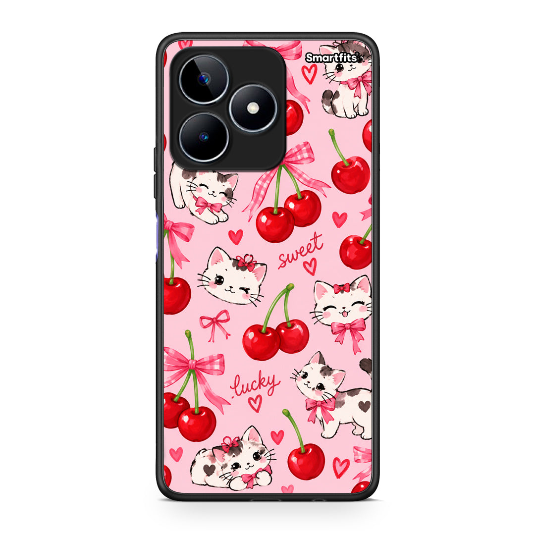 Θήκη Realme C53 Cherries Bows and Kittens on Pink από τη Smartfits με σχέδιο στο πίσω μέρος και μαύρο περίβλημα | Realme C53 Cherries Bows and Kittens on Pink case with colorful back and black bezels