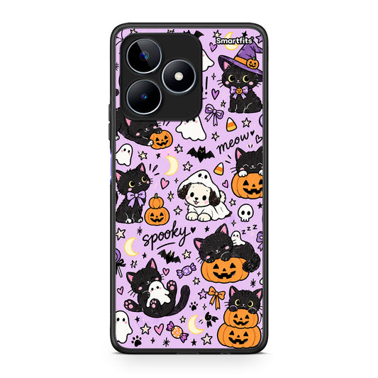 Θήκη Realme C53 Halloween Black Cats on Lilac από τη Smartfits με σχέδιο στο πίσω μέρος και μαύρο περίβλημα | Realme C53 Halloween Black Cats on Lilac case with colorful back and black bezels