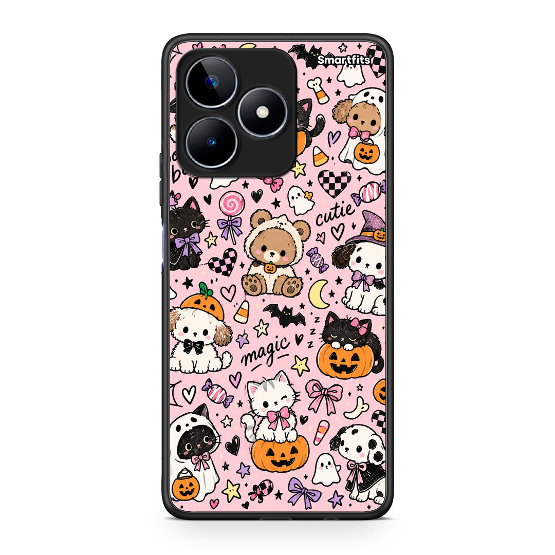 Θήκη Realme C53 Halloween Cute Animals on Pink από τη Smartfits με σχέδιο στο πίσω μέρος και μαύρο περίβλημα | Realme C53 Halloween Cute Animals on Pink case with colorful back and black bezels