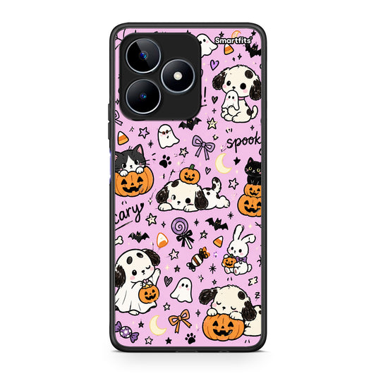 Θήκη Realme C53 Halloween Puppies and Friends on Lilac από τη Smartfits με σχέδιο στο πίσω μέρος και μαύρο περίβλημα | Realme C53 Halloween Puppies and Friends on Lilac case with colorful back and black bezels