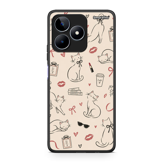 Θήκη Realme C53 Minimal Cat and Fashion Doodles on Cream από τη Smartfits με σχέδιο στο πίσω μέρος και μαύρο περίβλημα | Realme C53 Minimal Cat and Fashion Doodles on Cream case with colorful back and black bezels