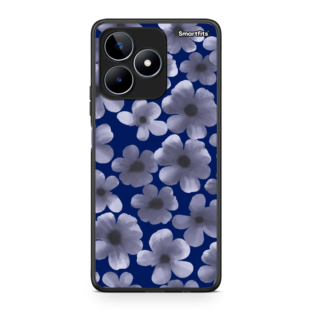 Θήκη Realme C53 Pale Blue Flowers on Navy από τη Smartfits με σχέδιο στο πίσω μέρος και μαύρο περίβλημα | Realme C53 Pale Blue Flowers on Navy case with colorful back and black bezels